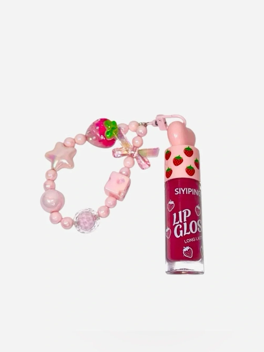 Pink Strawberry 🍓 Lip Gloss with Cute Beaded Charm